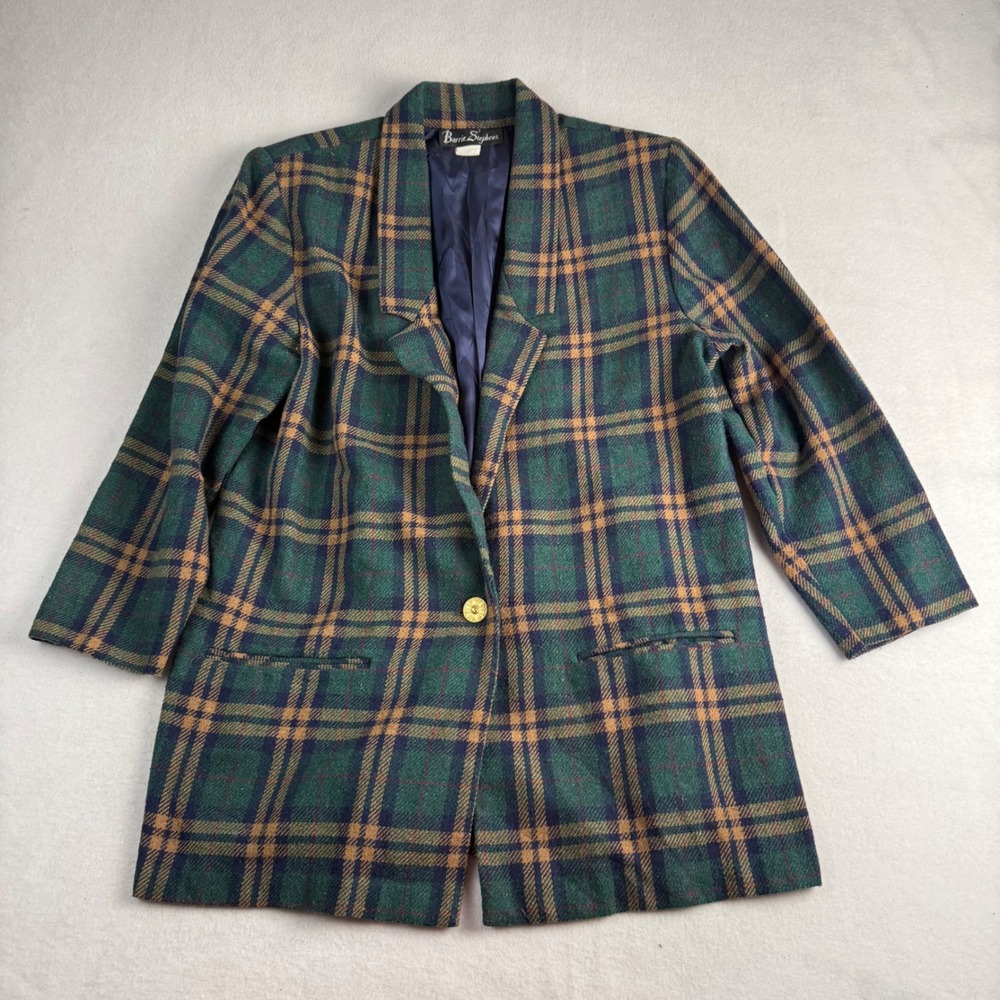 Barrie Stephens Vintage Green Plaid Single Button Blazer Jacket Womens Large